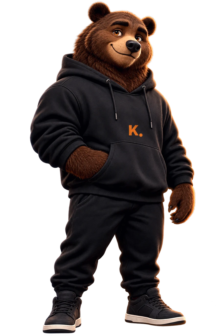 Bär Karl im schwarzen Hoodie mit orangem K-Logo, das Maskottchen der Marketingagentur Karl.Marketing