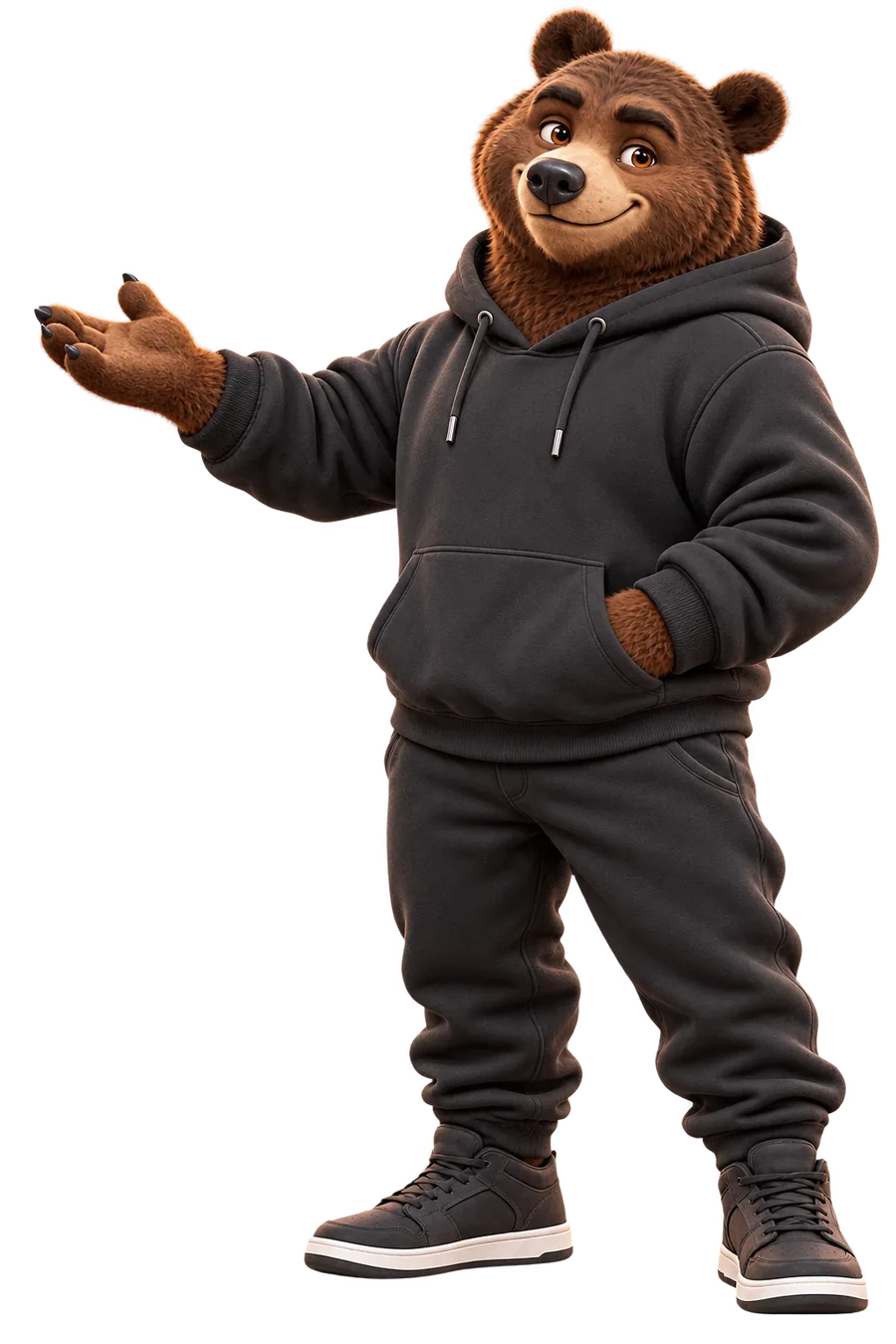 Bär Karl im schwarzen Hoodie mit orangem K-Logo, das Maskottchen der Marketingagentur Karl.Marketing